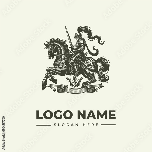 A black and white vintage-style woodcut illustration of a knight on horseback with a sword, logo and icon design elements on a light beige background.