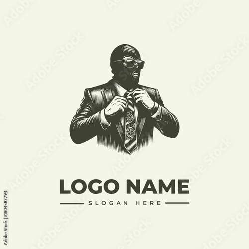 A vintage engraving style logo featuring a man in a suit adjusting his tie with a woodcut illustration technique on a clean white background.