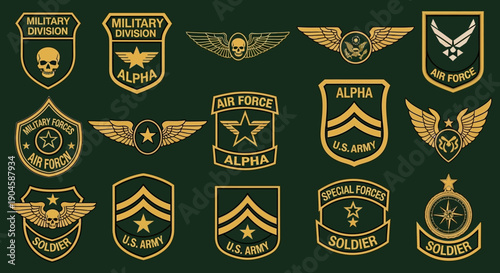 Collection of various military insignia and patches on a dark green background