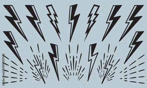 Collection of black lightning bolt symbols on gray background Keywords: lightning, bolt, thunder