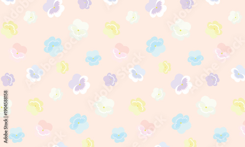 明るいパステルカラーの色んなパンジーの花が散らばるかわいいベージュの壁紙