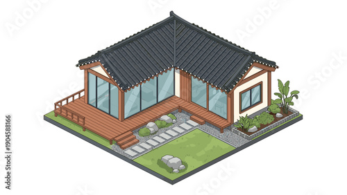Traditional korean house design in isometric style with garden and patio elements