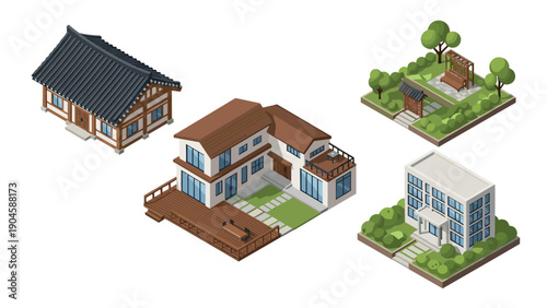 Isometric houses and gardens collection featuring modern, traditional, and urban settings