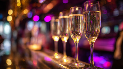 Champagne glasses filled with sparkling wine on a bar counter with vibrant bokeh lights, representing celebration and luxury