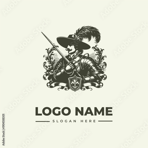 Vintage engraving of a medieval knight in armor holding a sword with a shield and foliage, logo design on a white background.