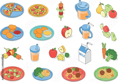 Variety of fresh healthy food and drinks including fruits, vegetables, meals, and beverages for kids