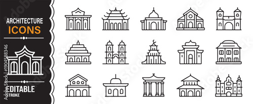 City Construction and Landmark Outline Icons