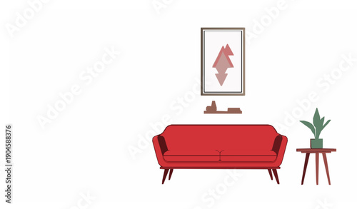Minimal modern living room interior with red couch and geometric wall art vector