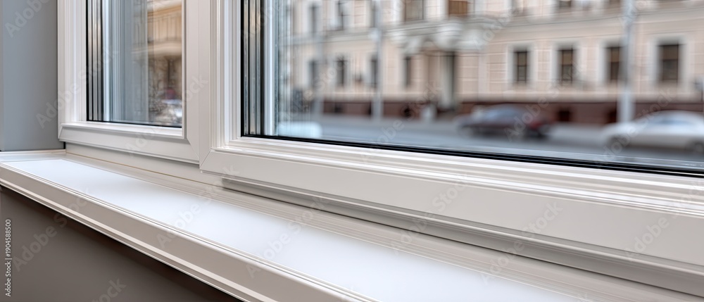 Fototapeta premium Modern window frame with clean white sill in bright sunlight showcasing clear view of street and buildings outside