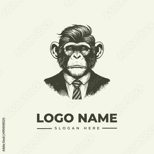 A vintage engraving-style illustration of a chimpanzee wearing a suit and tie, presented as a logo with placeholder text on a clean white background.