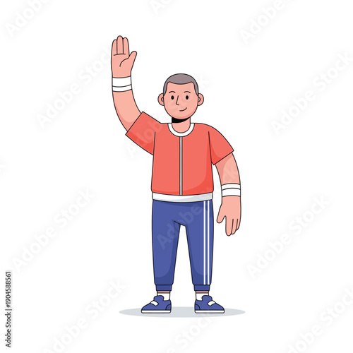 Cartoon man in orange shirt waves hand standing alone.