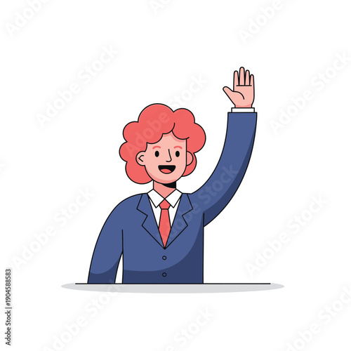 Businessman in a blue suit waves his hand enthusiastically while standing behind a podium.