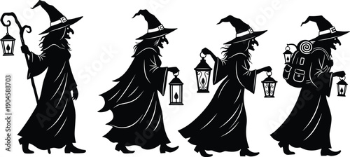 Set of four black witch silhouettes walking in profile carrying lanterns and staff isolated on white background for Halloween designs.