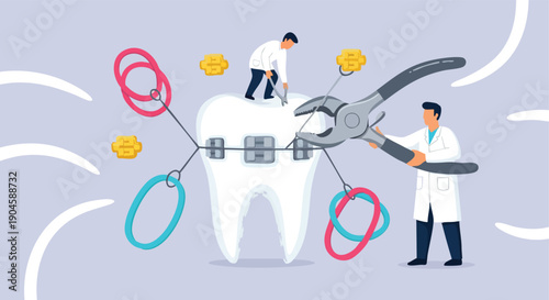 Dental Care Team Fixing Tooth Braces. Dental Treatment Concept.
