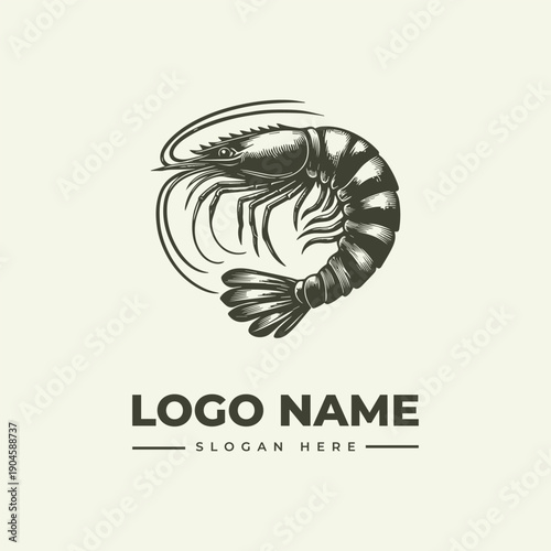 A vintage-style woodcut illustration of a shrimp logo with a bold, black line art design on a cream background, featuring a placeholder text for logo name and slogan.