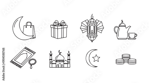 Islamic Icons Collection: Crescent Moon, Gift, Lantern, Tea, Prayer Mat, Mosque, Coins