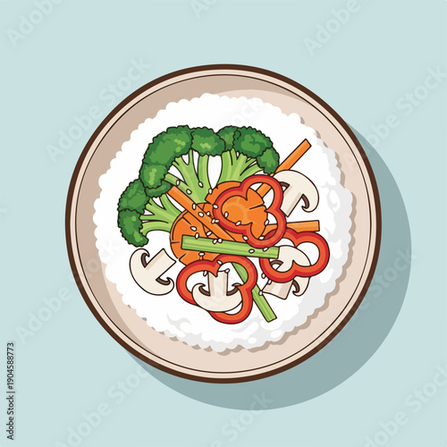 A plate of rice topped with various colorful cooked vegetables