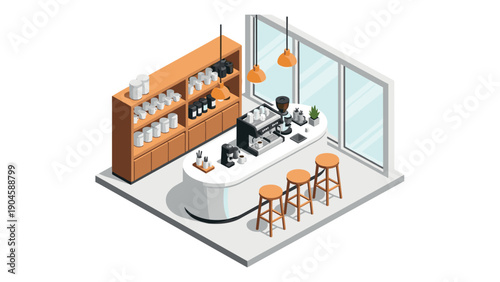 Cozy isometric coffee shop interior with barista counter and modern design