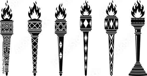 Set of tribal torch vector illustrations featuring ancient flame designs tiki masks and geometric patterns for ceremonial or sports branding