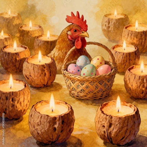 Rooster with cheerful expression is surrounded by decorated Easter eggs and candles on rustic background