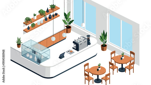 Modern isometric coffee shop interior with tables and plants