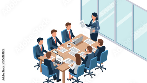 Isometric office meeting: team collaboration and business strategy