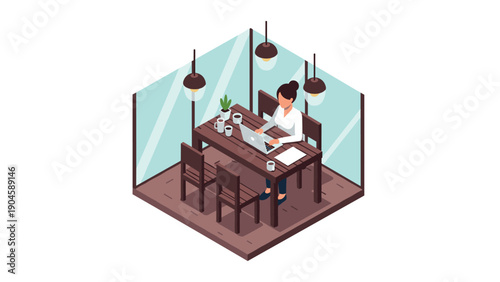 Isometric office scene with woman working on laptop at a wooden desk