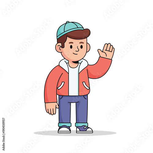 A young boy wearing a cap waves his hand in a friendly greeting gesture.