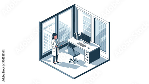 Modern isometric office interior with professional businesswoman standing near desk