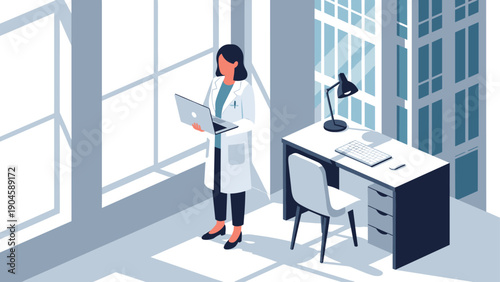 Doctor in modern office with laptop and desk in a bright urban setting