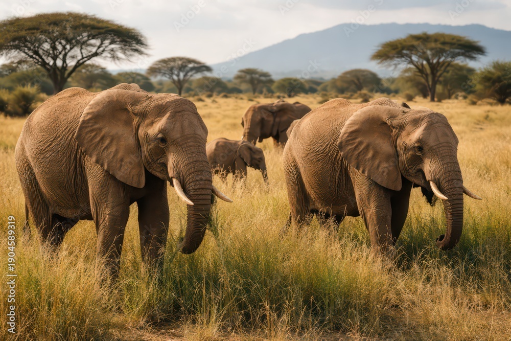 Fototapeta premium Herd of African elephants grazing in golden savanna grassland with acacia trees and distant mountains under warm evening light