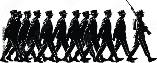 Silhouette of a Disciplined Military Platoon Marching in Uniform Line with Leader Carrying Rifle for Army Parade and Veteran Concept