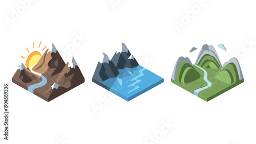 Isometric mountain landscapes with sun, water, and green valleys
