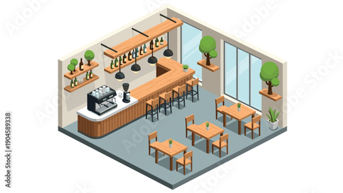 Modern isometric cafe interior with wooden furniture and greenery accents