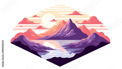 Vibrant geometric mountain landscape at sunset with reflective lake and clouds