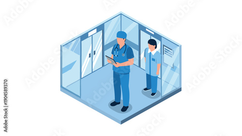 Isometric healthcare scene with medical professionals in blue uniforms