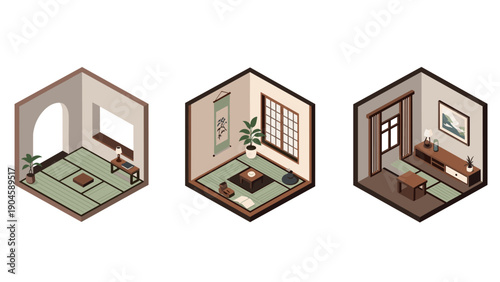 Cozy japanese interiors in isometric style featuring traditional tatami rooms
