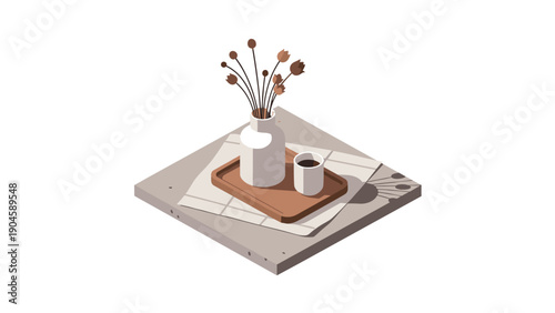 Minimalist isometric still life with vase, cup, and flowers on wooden tray