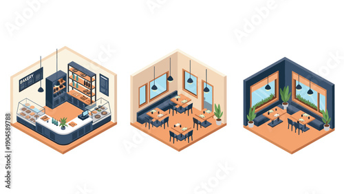 Cozy isometric bakery and cafe interior design with modern seating arrangement