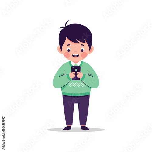 A cartoon boy happily holds a smartphone while standing alone indoors.