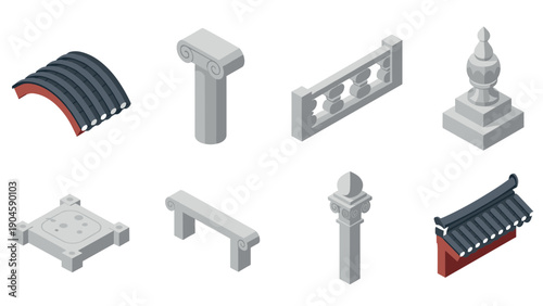 Isometric architectural elements collection featuring classical and asian structures