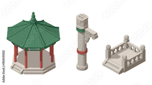 Traditional asian architecture elements: pavilion, column, and stairs in isometric view
