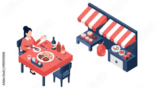 Isometric dining scene with noodles and market stall in modern style