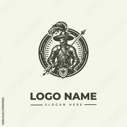 A vintage engraving-style logo featuring a knight in armor with a spear and shield in a circular emblem with a woodcut aesthetic on a beige background.