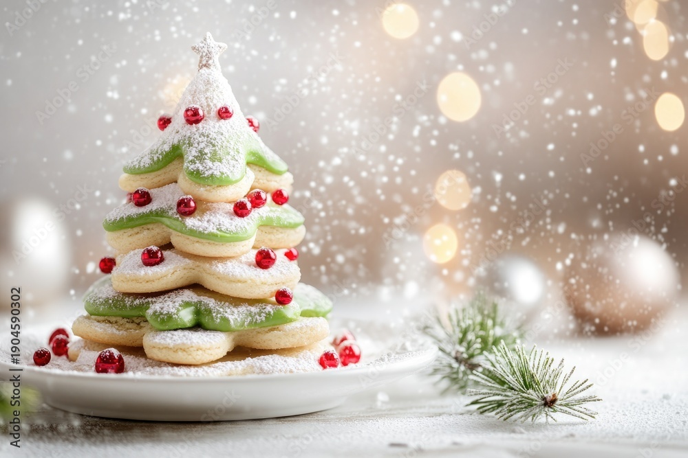 Obraz premium Festive christmas tree cookie tower with icing and berries on holiday background