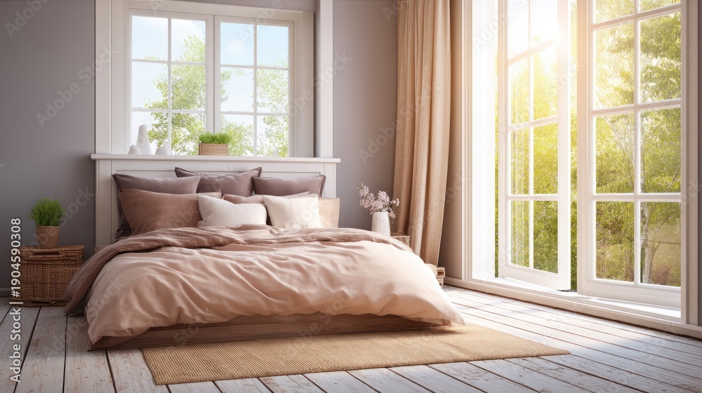 Fototapeta premium Cozy and Bright Bedroom Interior with Natural Light and Soft Bedding Near Large Windows