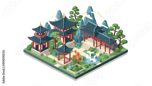 Traditional asian temple isometric design with pagodas and gardens