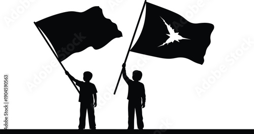 Silhouette of Two Young Children Standing Proudly and Waving Large Flags Symbolizing Unity Freedom Patriotism and Hope for the Future Generation