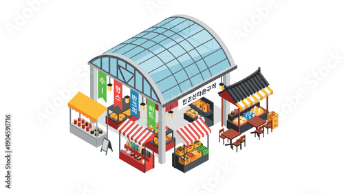 Isometric street food market with stall and canopy design