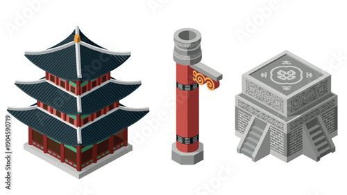Isometric asian architecture collection: pagoda, column, and stone structure